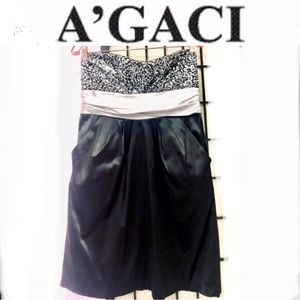 AGACI strapless dress black/silver sequin on top side pockets sizeL ex cond